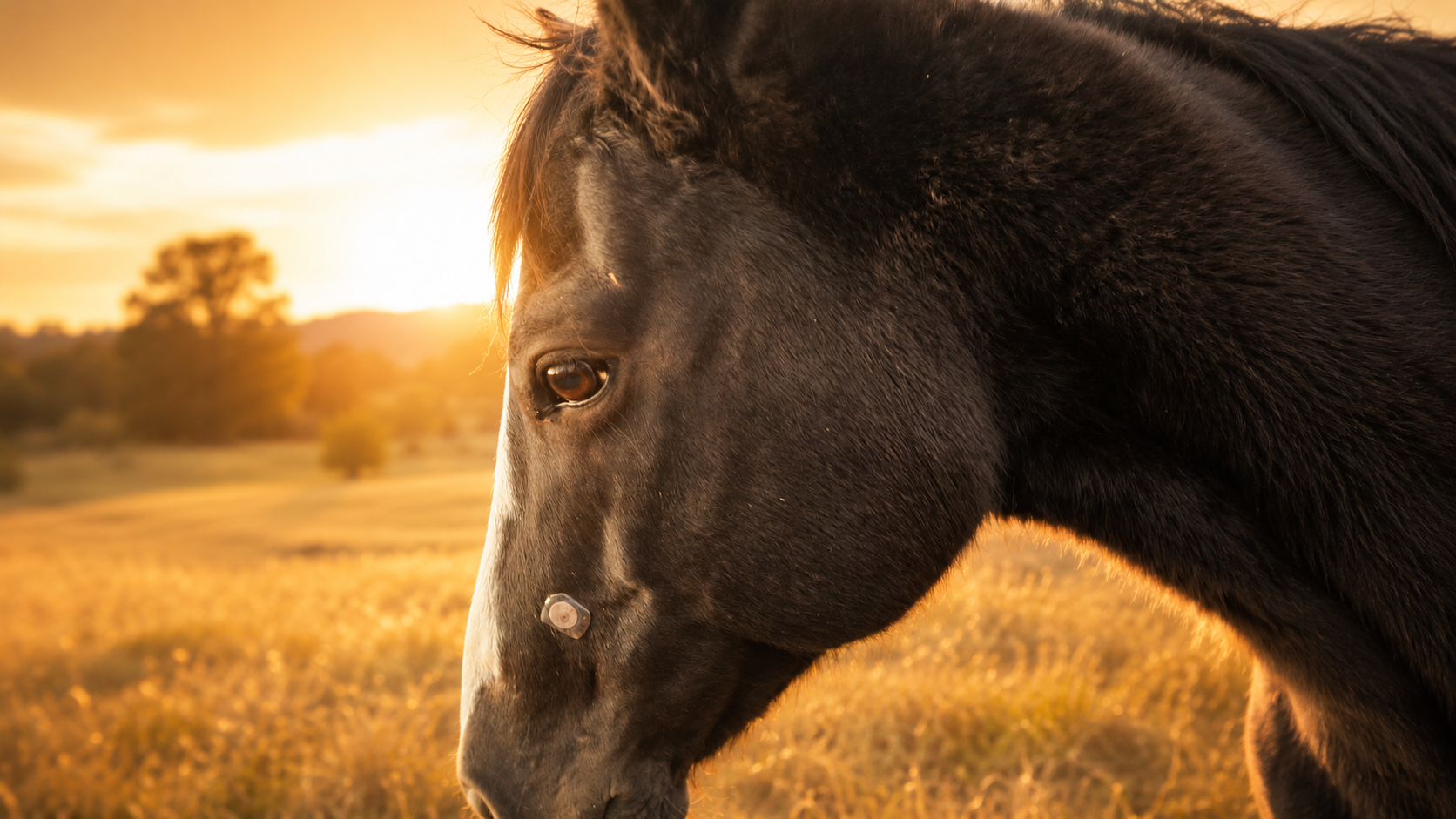 Horse wearing a LifeWave AcuLife patch at golden sunset